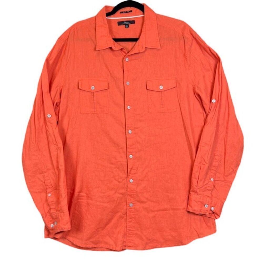Marc Anthony Linen Blend Double Pocket Button Front Shirt Orange Size XXL